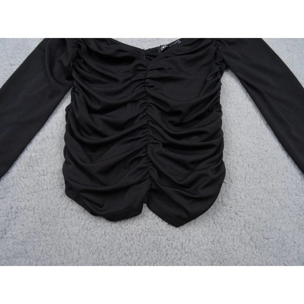 Zara Womens Top Size Small Black Ruched Front Back Long Sleeve Double V-Neck NWT